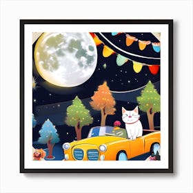 The Cat And The Cute Dog Celebrate Birthdays In The Yellow Car Art Print