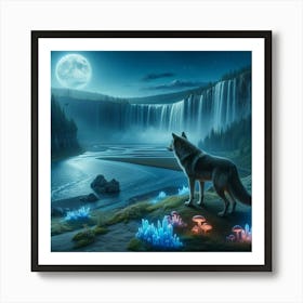 Wolf In The Crystal Mushroom Moonlight Staring at Waterfalll Art Print