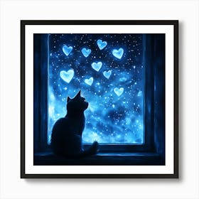 Dreamy Night Sky with Heart Stars Cat 12 Art Print