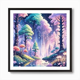 A Fantasy Forest With Twinkling Stars In Pastel Tone Square Composition 428 Art Print