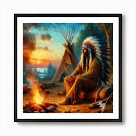 Oil Texture Native American Indian By A Campfire Copy Art Print