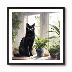 Black Cat On Window Sill Art Print