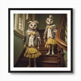 Owls On Stairs - Friends - Cute - Vintage - Spooky Art Print