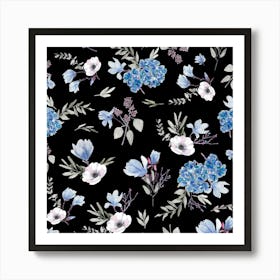 Geranium Flowers Black Blue Art Print