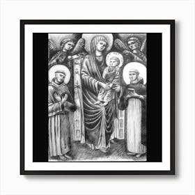 Holy Virgin enthroned with baby Jesus, angels and saints Francis and Dominic: Graphic design by Cimabue Art Print