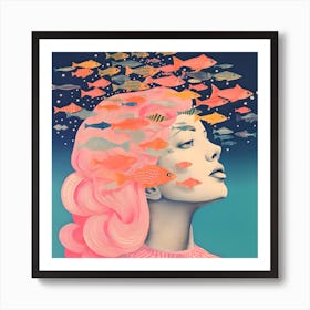 Risograph Style Surreal Woman & Fish, Candy Colours 9 Art Print