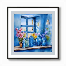 Blue wall. Open window. From inside an old-style room. Silver in the middle. There are several small pottery jars next to the window. There are flowers in the jars Spring oil colors. Wall painting.4 Art Print