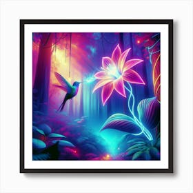 A Hummingbird In A Neon Flower With An Ethereal Light -Magical Forest Art Print