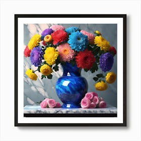 Chrysanthemums with Pink Roses on Marble Tabletop Art Print