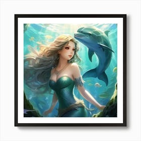 Anime Art, Mermaid and dolphin Art Print