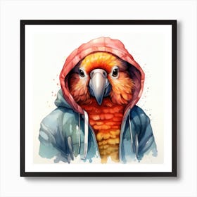 Watercolour Cartoon Parrot In A Hoodie 3 Art Print