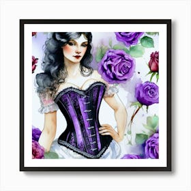 Corset Girl With Purple Roses Art Print