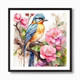 Watercolor Bird On A Branch Art Print