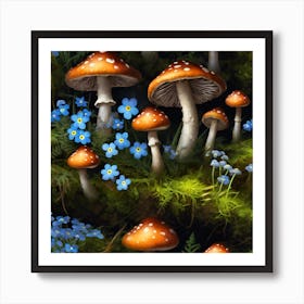 Woodland Ferns, Fly Agaric and Forget-me-nots Art Print