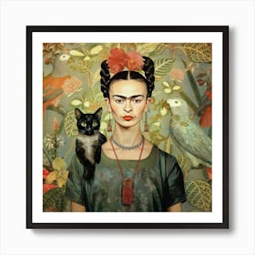 Frida Kahlo Selbstportrait mit Papagei und Katze, Florale Blumen Malerei Art Print