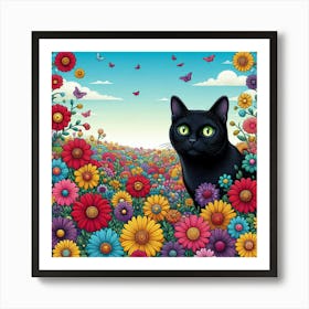 Black Cat In A Flower Field 1 Art Print