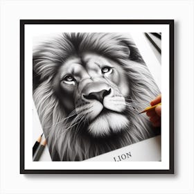 A Portrait of a Lion: A Realistic and Shaded Pencil Drawing of a Lion with a Bold Font Art Print