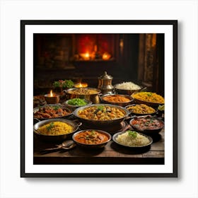 Assortment Of Indian Cuisine Showcasing Vibrant Freshness Biryani Dal Tandoori Vegetables And A Art Print