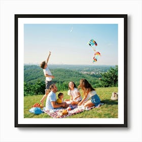 Family Of Four Laughing Picnic Setup On A Vibrant Green Hilltop With A Sun Kissed Backdrop Kite F (3) Art Print