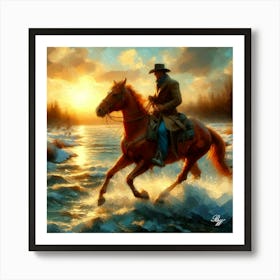 Cowboy Riding Across A Stream Copy Art Print