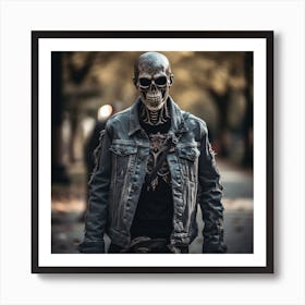 Skeleton In Denim Jacket 1 Art Print