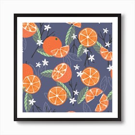 Orange Pattern With Florals And Branches On Purple Square Art Print