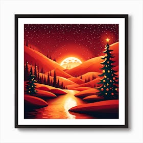 Christmas red Winter Landscape In The Mountains, Christmas days, Christmas concept art, Christmas vector art, Vector Art, Christmas art, Christmas, Christmas trees 4 Art Print