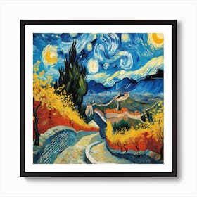 The Starry Night of the Great Wall of China through the unique Impressionist school of Vincent Van Gogh Art Print