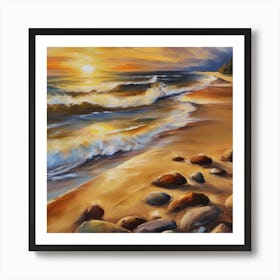 The sea. Beach waves. Beach sand and rocks. Sunset over the sea. Oil on canvas artwork.12 Art Print