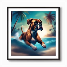 A dog boxer swimming in beach and palm trees 10 Art Print