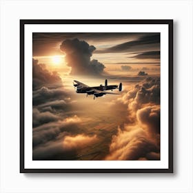 Lancaster Bomber flying through mist and clouds sun in background over dover 4/4 (ww2 World War 2 Pilot Flying Ace Sunset) Art Print