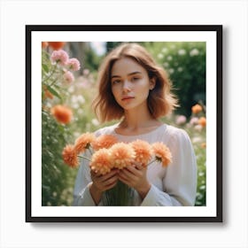 Photo Medium Shot Woman Posing In Romantic Garden Beautiful Summer Flowers In Girl Hands 0 Art Print