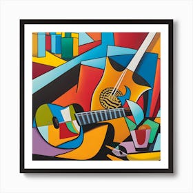 Guitar And Drink Cubism Art Print