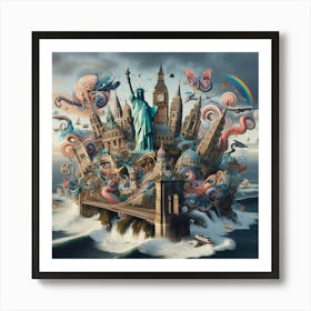 Surreal Digital Collage Merging Iconic Landmarks From Around The World With Whimsical Elements, Style Digital Surrealism 1 Art Print