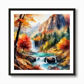 Fall Landscape in beautiful valley with stream, Watercolor Art Print