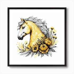 Yellow Horse With Flowers Art Print