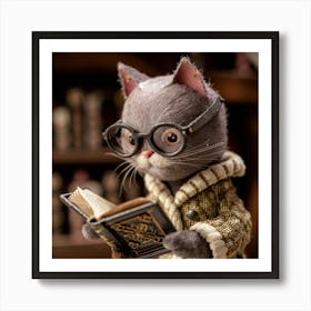 Cat In Glasses Reading A Book Art Print