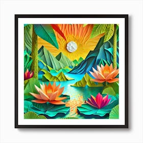 Firefly Beautiful Modern Abstract Lush Tropical Jungle And Island Landscape And Lotus Flowers With A (4) Art Print