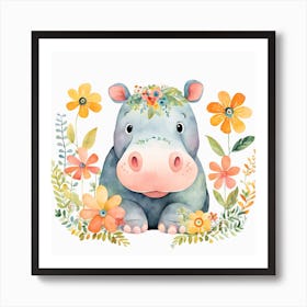 Floral Baby Hippo Nursery Illustration (2) Art Print