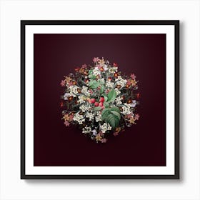 Vintage Red Berries Flower Wreath on Wine Red Art Print