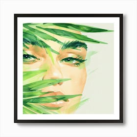 Watercolor Of A Woman With Green Leaves Art Print