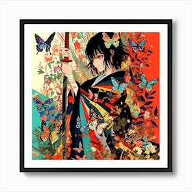 Samurai Girl With Butterflies Art Print