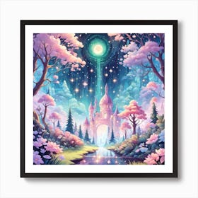 A Fantasy Forest With Twinkling Stars In Pastel Tone Square Composition 46 Art Print