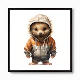 Watercolour Cartoon Porcupine In A Hoodie 1 Art Print