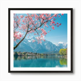 Cherry Blossom Tree In Front Of Lake Art Print