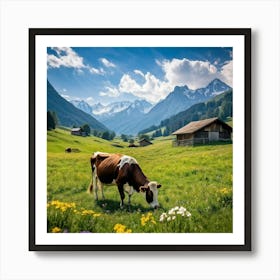 Alpine Meadow With A Cow Grazing Spring Setting Blossoming Flowers Dotting The Lush Grass Warm Su (4) Art Print