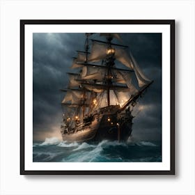 Pirate Ship In Stormy Sea Art Print