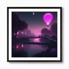 Pink Night Sky Hot Air Balloons Landscape Art Print