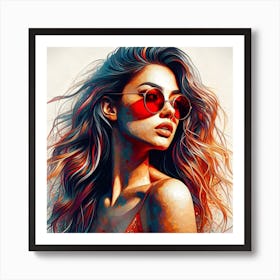 Portrait Of A Woman In Red Sunglasses Art Print