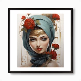 Beauty 2. Fashion 3. Accessories 4. Hijab 5. Crown 6. Necklace 7. Flowers 8. Jewelry 9. Elegance 10. Artistic. .beautiful woman with a golden crown on her head, wearing a blue headscarf and a red rose in her hair. She has a golden necklace around her neck and is surrounded by more red roses. Art Print